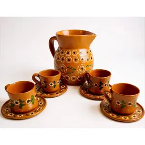 Clay Pottery Set - Pitcher with 4 Cups & Plates |   Traditional Floral Design |   Handmade in Mexico |   Rustic Kitchen Decor