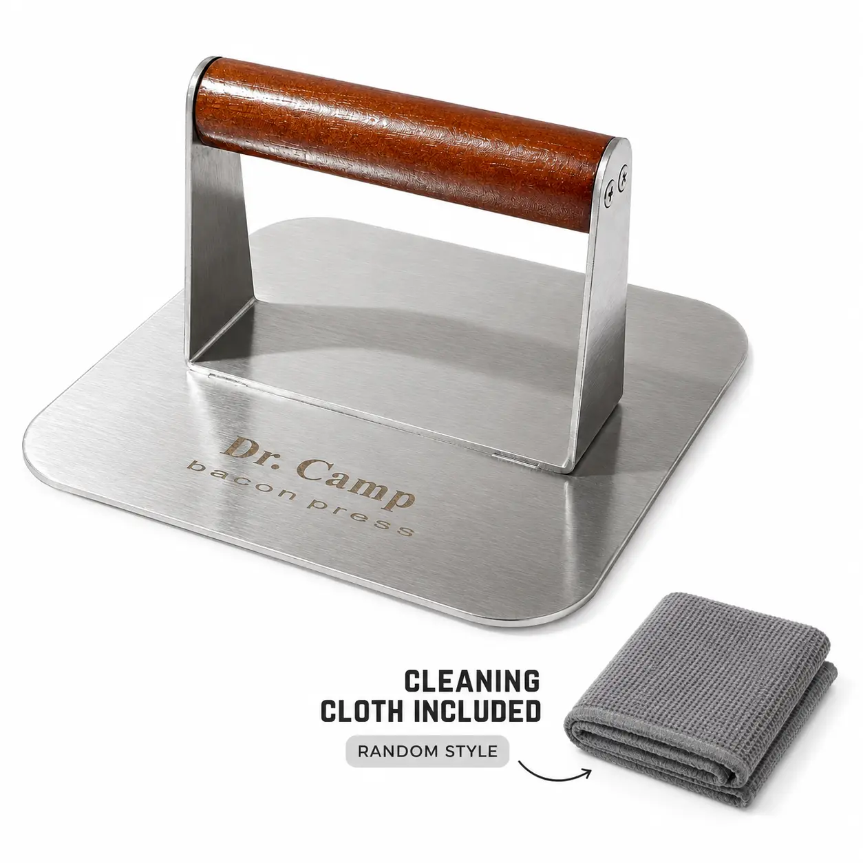 Dr.Camp 7-Inch Round Stainless Steel Smash Burger Press with Solid Wood Handle, Smooth Bottom, Heavy-Duty Design for Griddle Flat Top Grill（CLEANINGCLOTH INCLUDED RANDOM STYLE）