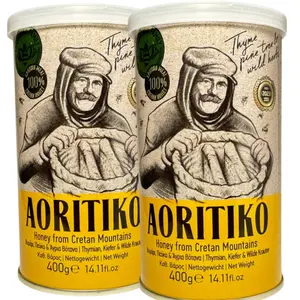 Pack of 2 Aoritiko Pure Cretan Mountain Honey | Greek Honey | 100% Natural, Wildflower & Herb-Infused, Rich Aromatic Flavor, Harvested from Pristine Greek Flora | 400 gram can
