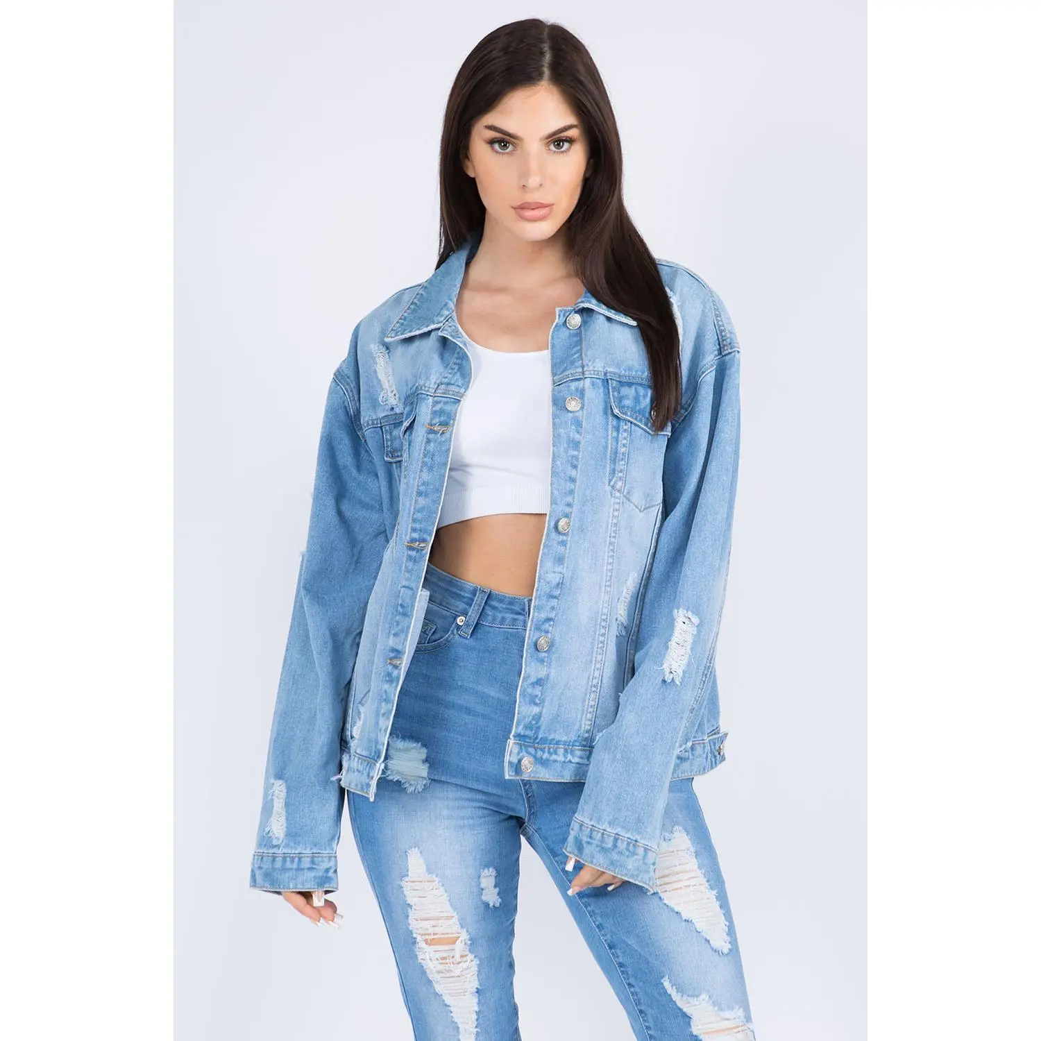 American Bazi Full Size Painted Back Distressed Denim Jacket Casual Cotton Womenswear
