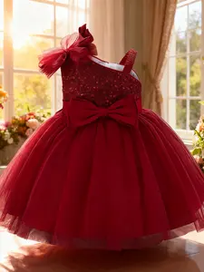 Toddler Girl's Contrast Sequin Bow Decor Tulle Party Dress Elegant Asymmetrical Neck Sleeveless Mesh Fit Flare Formal Dress for Party Wedding Guest Kids Clothes for All Seasons Tulle Strap Dress