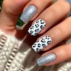 24pcs Classic Leopard Print Nail Art, Silver Color Glitter Short Square Nails, Glossy Finish, Easy Wear Fake Tips