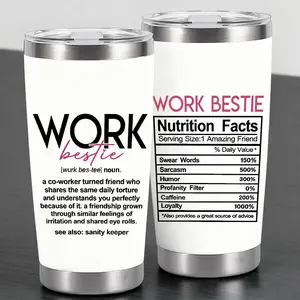 "Work Bestie" Humorous Themed Design 20oz Stainless Steel Cup,Tumbler,Thermos Cup with Lid ,Reusable Drinking Cup, High-Quality Water Bottle for Iced Coffee, Beer, Juice, Milk, Cold Drinks, Fashionable, Perfect Gift for Coffee Lovers, Friend, Family