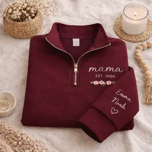 Custom Embroidered Mama Quarter Zip Sweatshirt, Personalized Names Sleeve, Monogrammed Mama Top