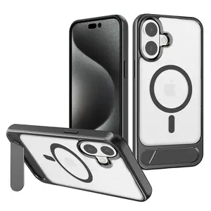 For Apple iPhone 16 Plus Crystal Clear Magsafe Wireless Charging Car Mount Holder Kickstand Shockproof Hybrid Case Cover