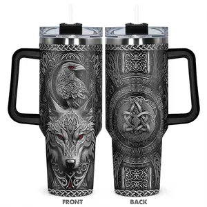 40oz Wolf Tumbler with Handle & Straw, Insulated Stainless Steel Viking Style Travel Mug, Celtic Knot Wolf and Raven Design, Large Capacity Coffee Cup, Reusable Water Bottle for Outdoor, Camping, Gym, Gift for Men