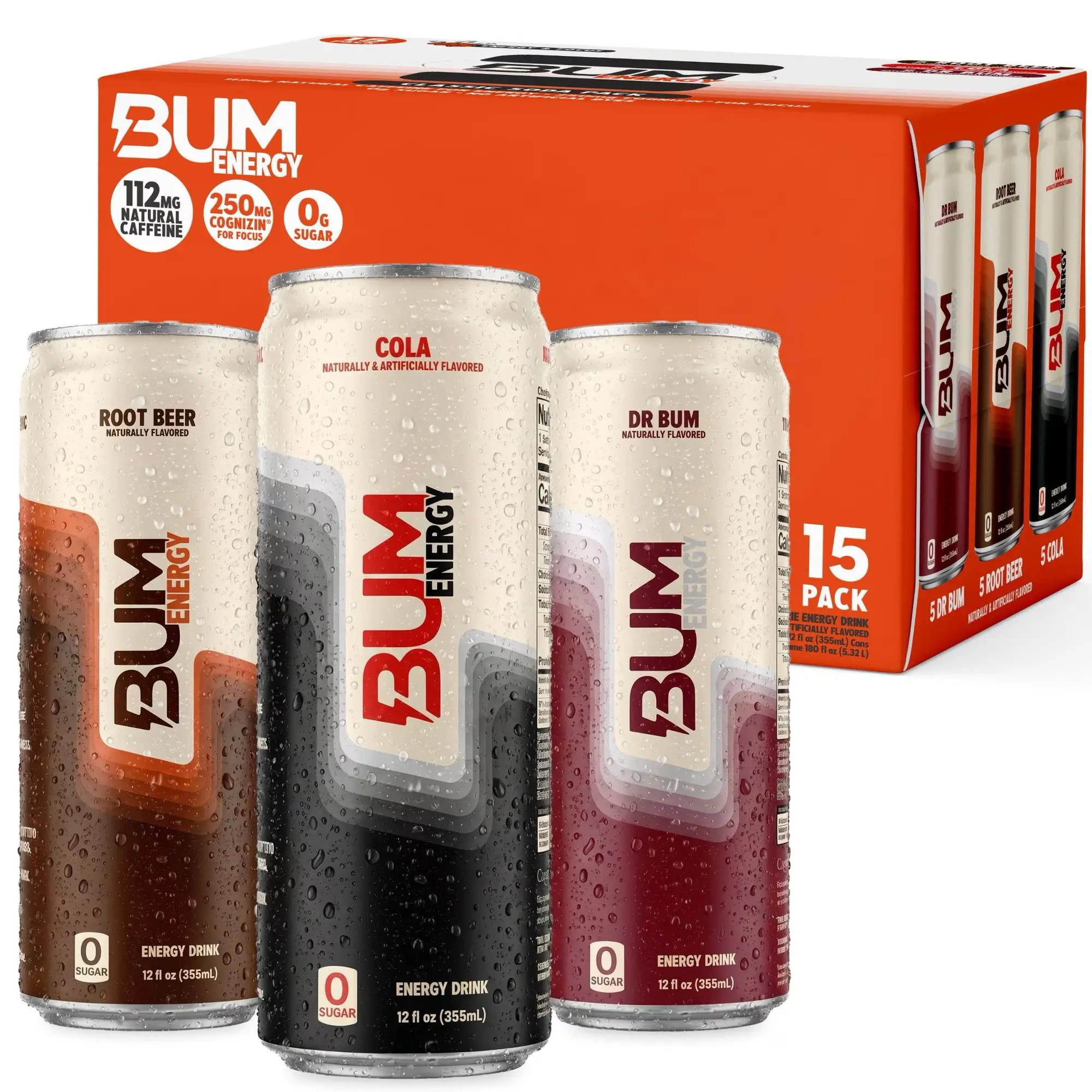 BUM Caffeinated Energy Soda Variety Pack - 15 pk. (12 fl. oz. Each: Root Beer, Dr. Bum, Cola; 5 Cans Each Flavor)