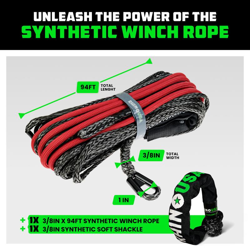 Rhino USA Synthetic Winch Line (3/8" x 94') with Soft Shackle for Jeep Wrangler, Gladiator, 4Runner, 1/2 Ton Pickup Ultimate SUV and Truck Accessories