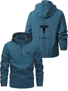 Men's Fashionable Tesla Logo Jacket, Casual Hooded Design, Zipper Pockets, Polyester Material, Spring & Fall Wear, Loose-Fitting Outerwear