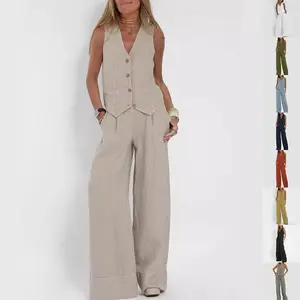 Summer Vest Suits V-neck Botton Sleeveless Top And Loose Straight Trousers Casual Womens Clothing