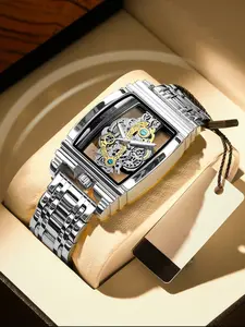 Men's High-End Square Hollow Quartz Watch, Square Dial Watch, Full Transparent Movement, 3D Case Enhances Visual Appeal, Casual Style, Silver Color