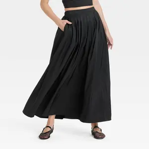 Women's Pleated A-Line Maxi Skirt - A New Day Black XS: Recycled Polyester, Lightweight Woven Fabric, Back Elastic Waist