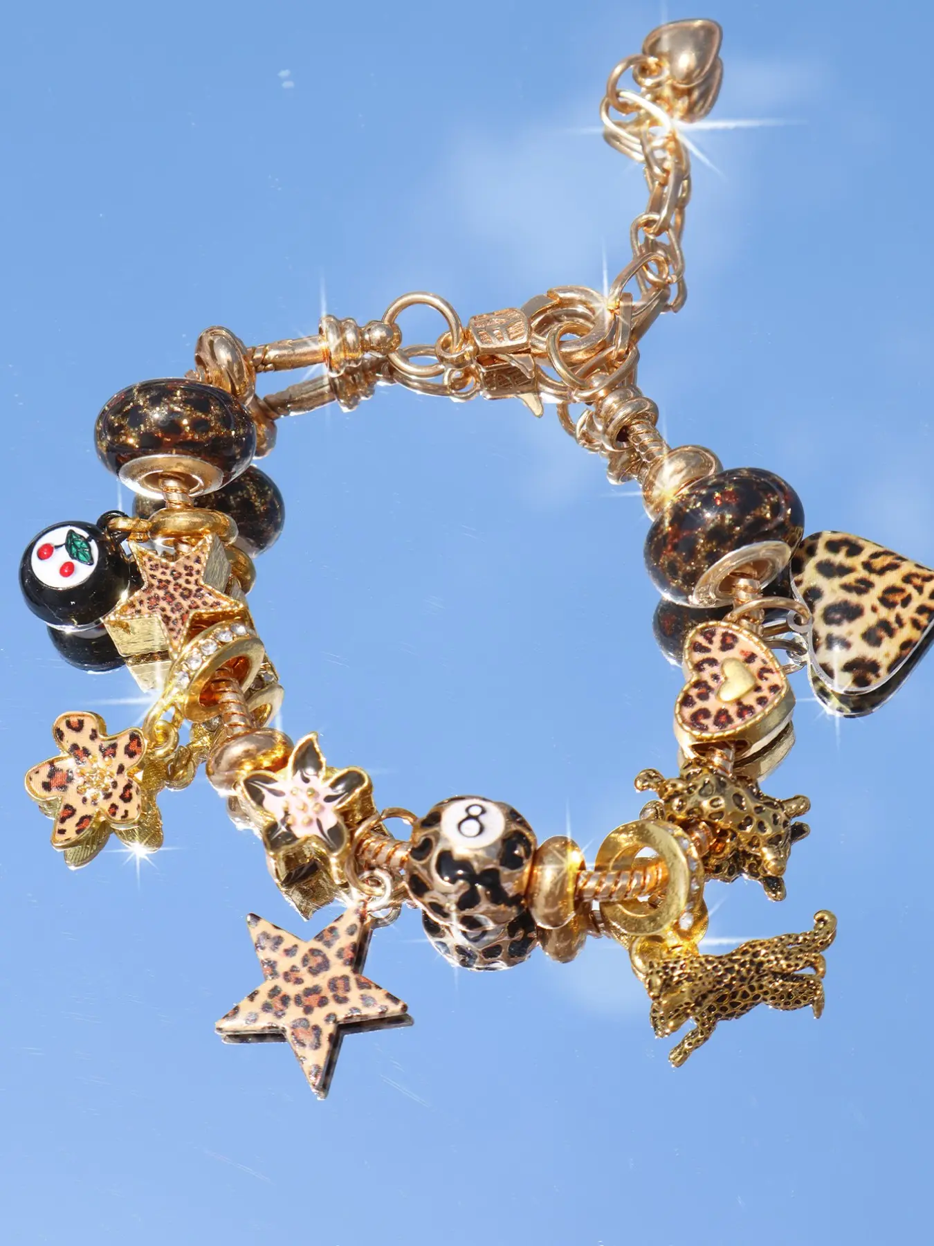 Leopard Print Star Heart Charm Bracelet, DIY Cherry Blossom Bracelet, Sakura Love Bracelet, Leopard Tiger Cherry Blossom Bracelet, Fashion Bracelet, Bracelets Jewelry