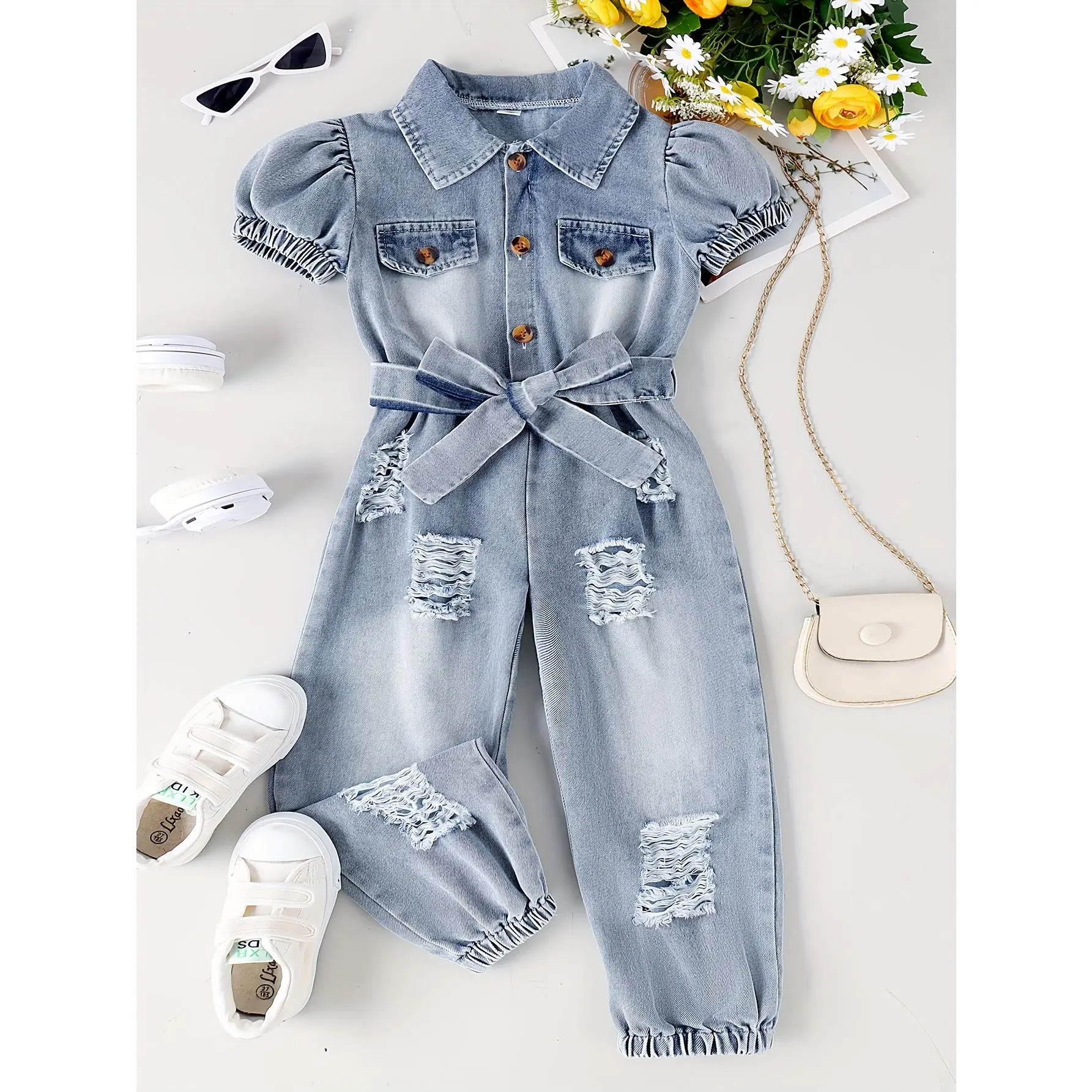 Girls Faux Denim Jumpsuit with Belt Long Sleeve Romper Outfit Spring Summer Kids Casual Play Clothes, for Outdoor