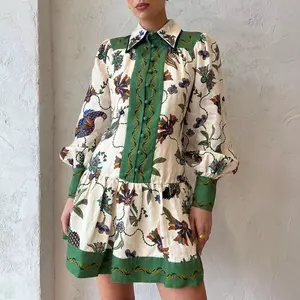 Retro Tropical Floral & Bird Print Mini Dress — Puff Sleeves, Ruffled Hem, Vintage Style, Contrast Paneling, Long Sleeve Mini Dress (Sizes S–2XL)