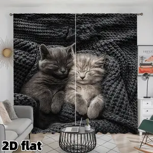 2D Flat 2Pcs Cute Sleeping Cats Curtain Panels, Blackout Window Drapes with Kitten Pattern, Knitted Texture Background, Rod Pocket Design, Polyester Fiber, Living Room Bedroom Decoration, Pet Lovers Home Decor Gift, Privacy Protection