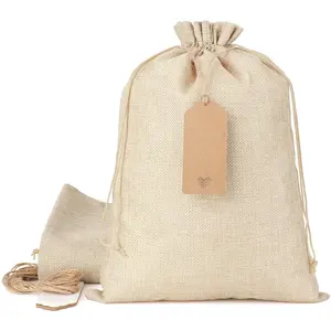 Burlap  Bags with Drawstring - 10 count 10x14  Sacks with String&Tags for Wrapping Memorial Day Favors, Clothes, Toiletries, Breads, For Birthday, Wedding, Household Use