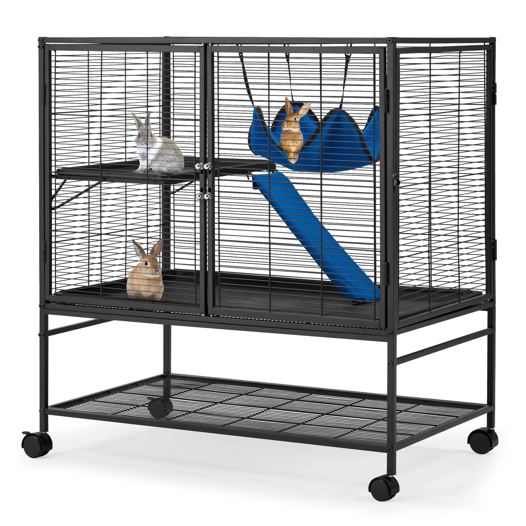 DRAGOSUM 40''H Large Metal Rolling Ferrets Cage, 2-Tiers Small Animal Cages, Cage for Rats/Chinchillas, 0.5'' Bar Spacing for Ferret,Small Animal Cage w/Removable Ramp & Platform