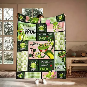 Cute Happy Frog Collage Art Blanket, 1 Count Warm Flannel Throw Blanket, All Season Nap Blanket for Home Office Travel