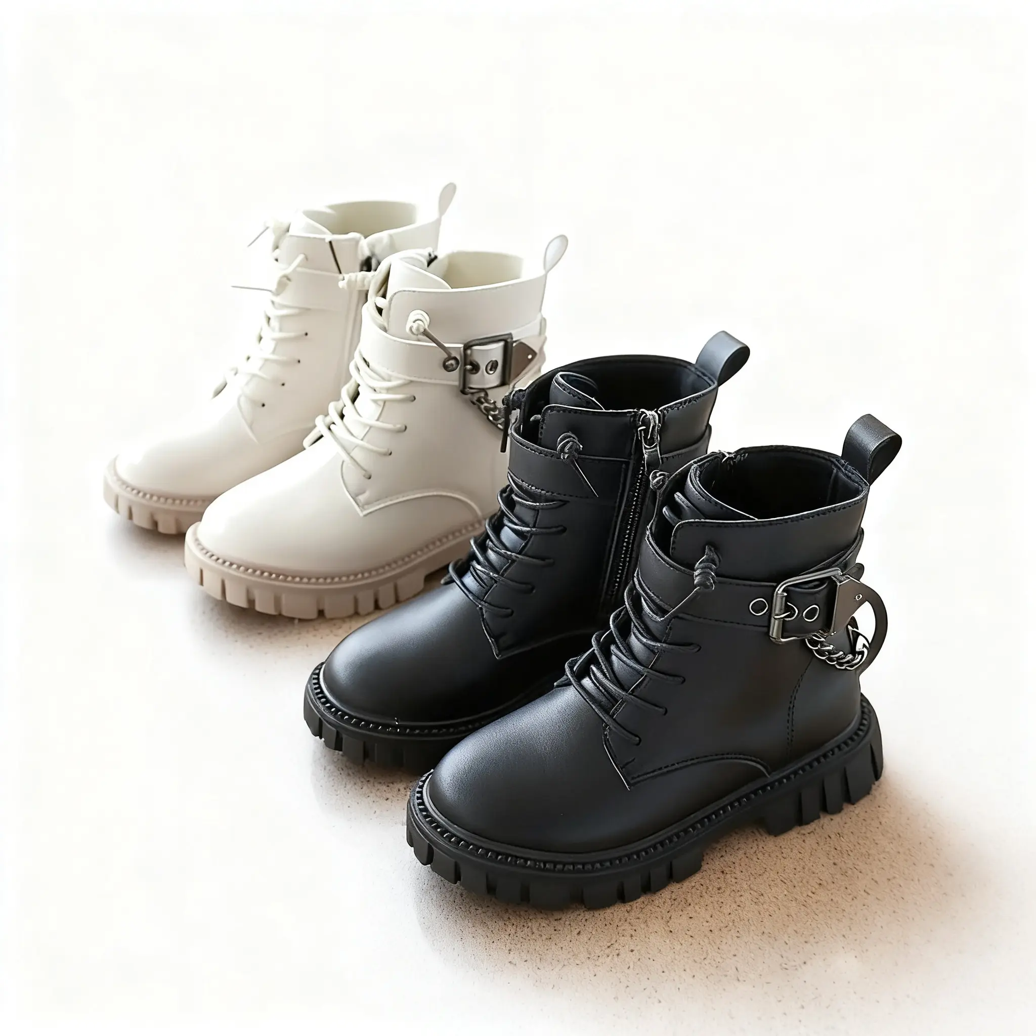 Girls’ British Princess Boots    White/Black |                 Side Zipper + Winter Warm |                 Round Toe PVC Sole |                 2–6 years (EU 26–36)
