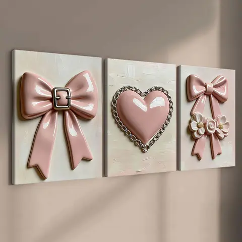 3-Piece Wooden Frame Canvas Art Set, Triple Canvas Painting, Sweet Embossed Bow Heart Design, Modern Home Decor, Aesthetic Wall Decor, Waterproof Wall Art for Living Room & Bedroom