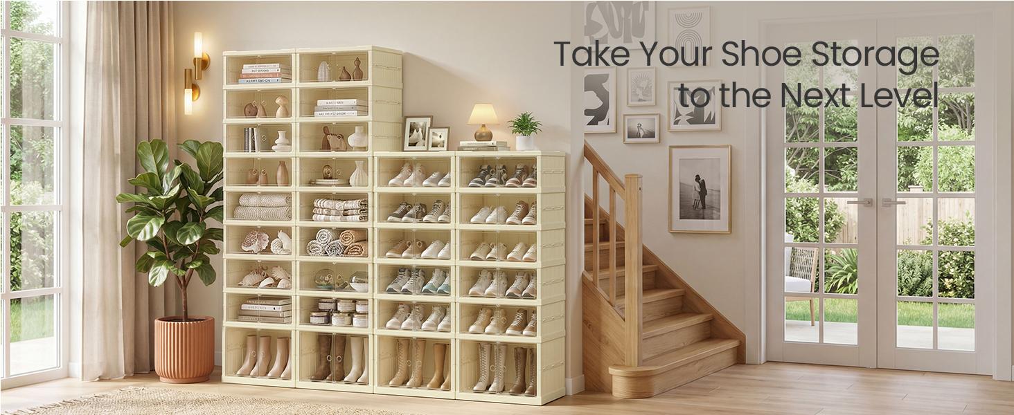 SONGMICS Foldble Shoe Storage Organizer for Closet, Stackable Sneaker Cabinet with Magnetic Door, Large Plastic Container Bins for Living Room, Entryway