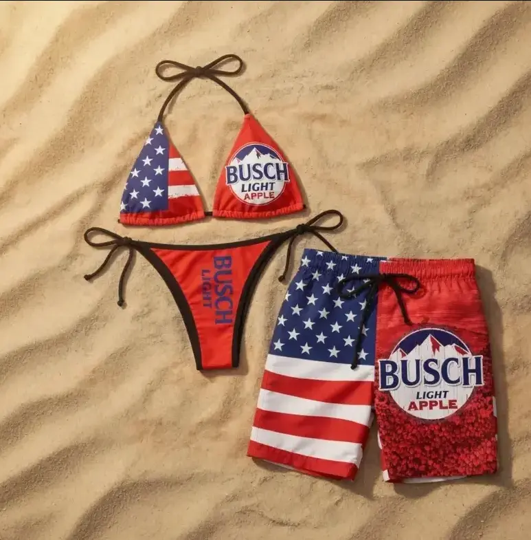 Apple Matching Swimsuit Set, USA Flag Couple Bikini & Swim Trunks, Patriotic Beachwear Outfit