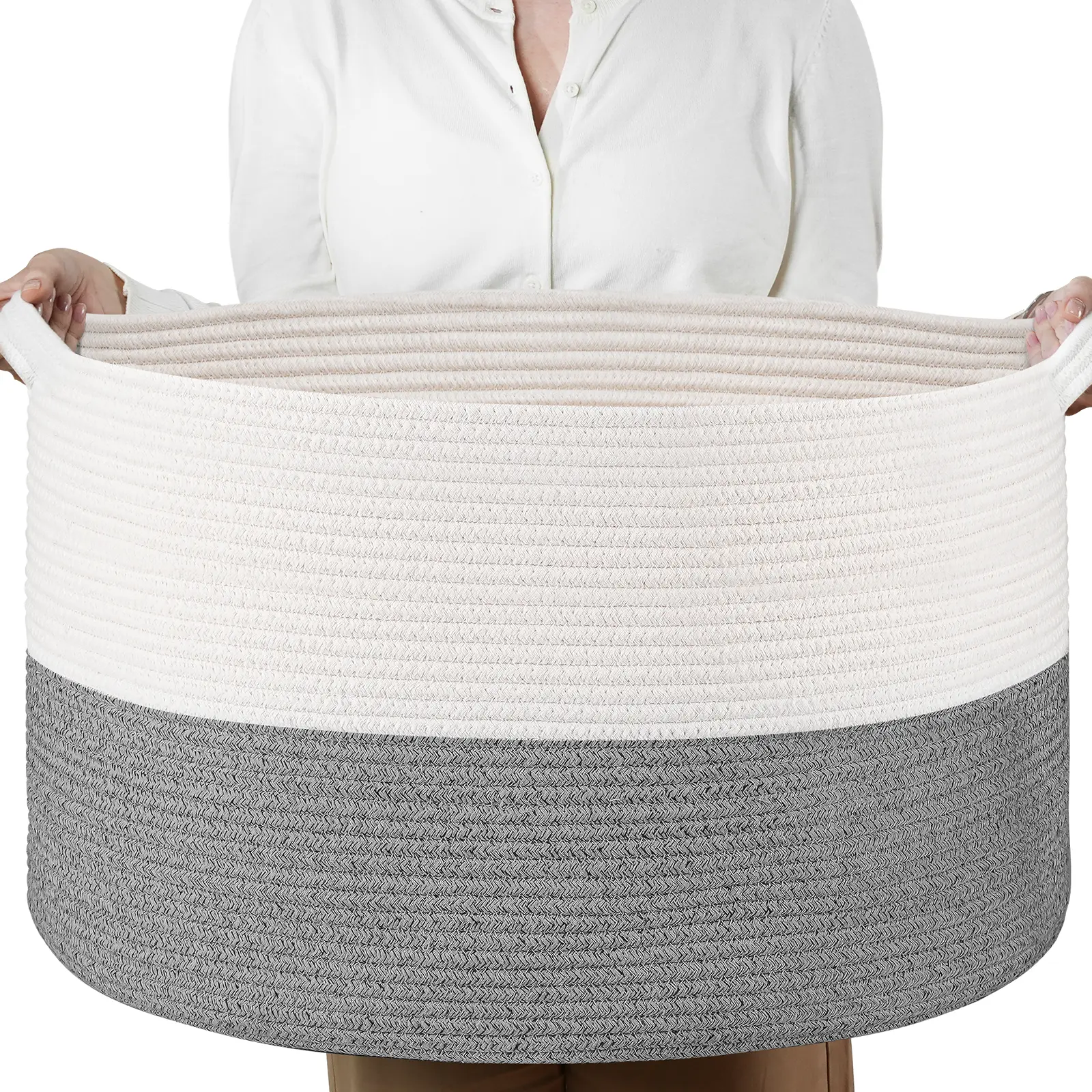 Sowyem Woven Rope Basket with Handle,XXXLarge, Cotton (21.7" x 21.7" x13.8") Laundry Hamper For BabyLaundry, Blanket, Toy, StorageComforter Cushions, Gray