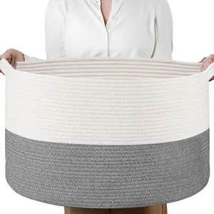 Sowyem Woven Rope Basket with Handle,XXXLarge, Cotton (21.7" x 21.7" x13.8") Laundry Hamper For BabyLaundry, Blanket, Toy, StorageComforter Cushions, Gray