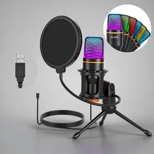 USB Gaming Microphone with 7 RGB Light Modes, Shockproof Stand, Pop Filter, Direct PC Connection No Driver Needed, Ideal for Live Streaming Youtube Twitch Tiktok