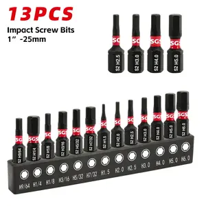 13 Pcs Impact-Resistant and Non-slip Magnetic Hex Screwdriver Bits Set with Black Base, 25mm (H9/64 H1/4 H1/8 H3/16 H5/32 H7/32 H1.5 H2 H2.5 H3 H4 H5 H6), 1/4" Shank, S2 Steel, for Handcrafting, Forestry, Woodworking, Office and DIY Use