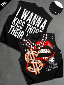 Men's Lip Letter Rhinestone Vest Sleeveless Graphic T-Shirt, Casual Fitted Design, Perfect for Daily Wear, Fashionable and Comfortable Men's Clothing
