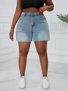 【Plus Size】Denim Shorts, Casual Fashion Pocket Design Shorts for Daily Outdoor Wear, Women Plus Clothing for Summer