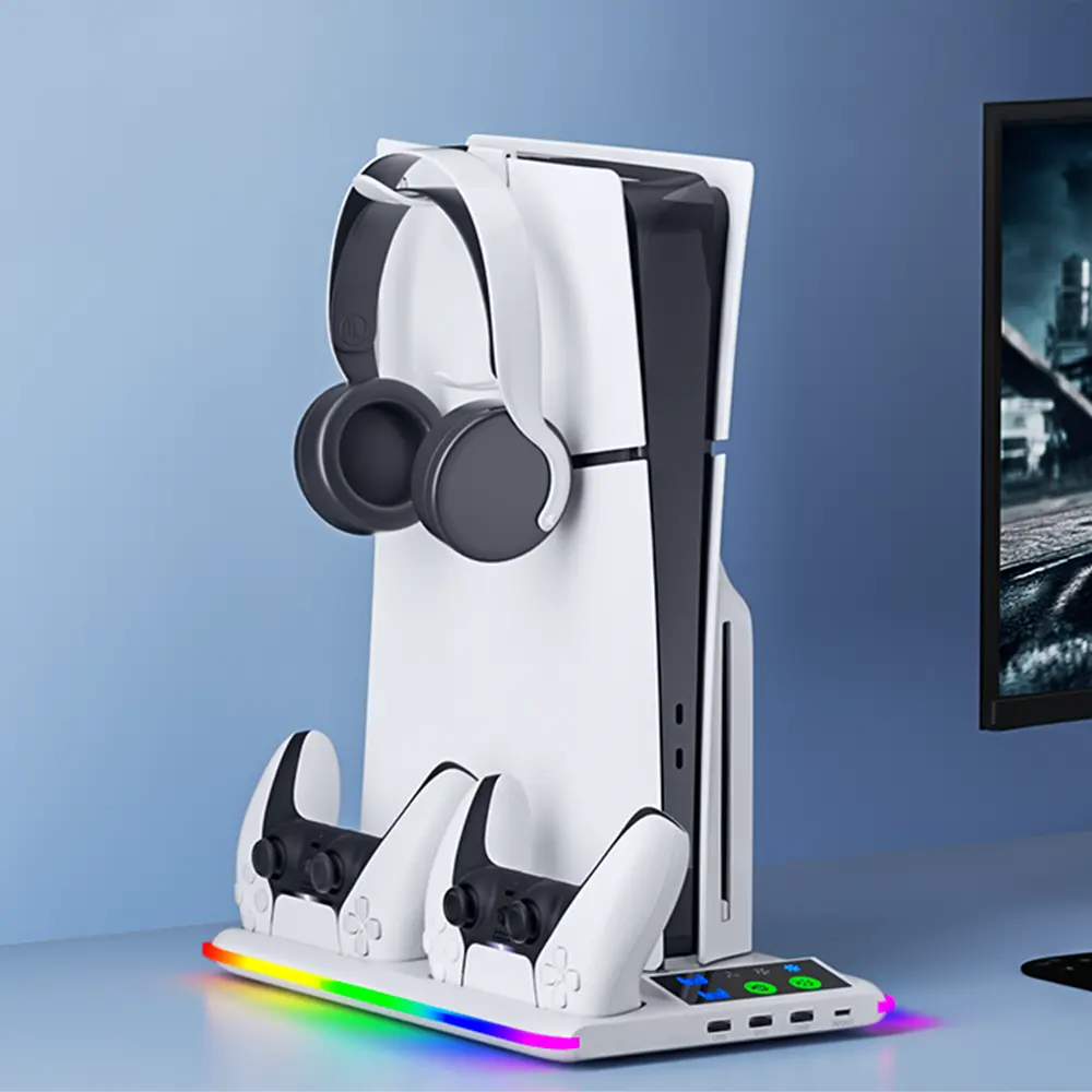 BRHE For PS5/Slim/Pro Cooling & Charging Station,For PS5/ Slim/Pro Stand for Disc & Digital Console,For PlayStation 5 Controller Charger,For PS5/Slim/Pro Accessories with 3 Charging Ports,Headset Holder