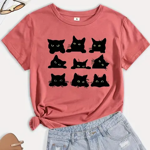 Women's Cartoon Cat Print Short Sleeve Fitted Soft Jersey Tee, Casual Fashion Round Neck Printed T-shirt, Summer Clothes Women, Women's Top for Daily Wear, Clothing, Lady, Casual Chic Streetwear, Casual Everyday Tops