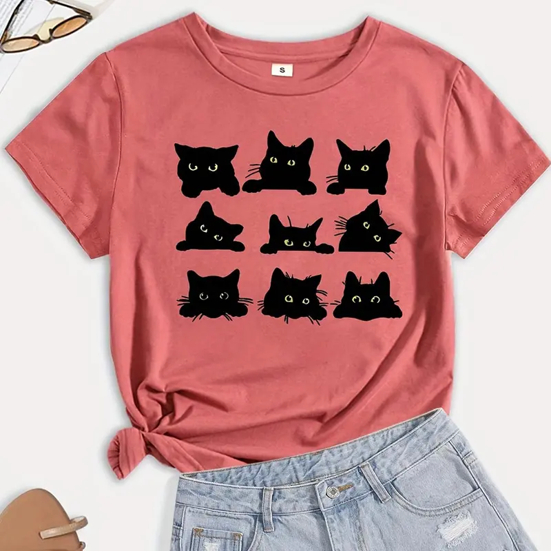 Women's Cartoon Cat Print Short Sleeve Fitted Soft Jersey Tee, Casual Fashion Round Neck Printed T-shirt, Summer Clothes Women, Women's Top for Daily Wear, Clothing, Lady, Casual Chic Streetwear, Casual Everyday Tops