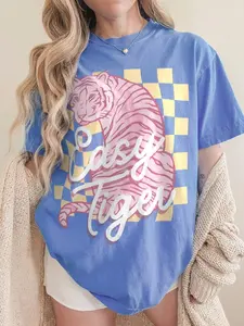 Comfort Colors Easy Tiger Graphic Tee, Vintage Checkerboard Tiger Shirt, Retro 70s Aesthetic Streetwear, Oversized Animal Graphic T-Shirt, Trendy Boho Tiger Top, Gift for Her, Cotton Fabric