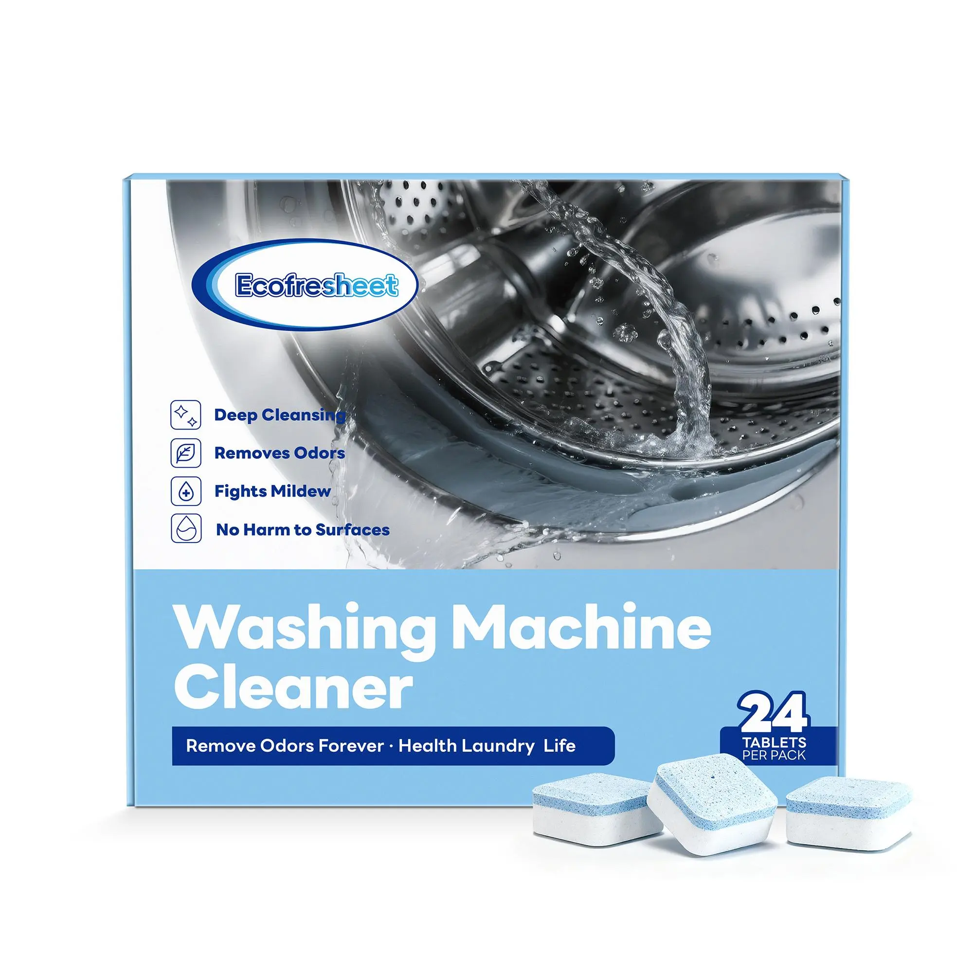Ecofresheet Washing Machine Cleaner Tablets, 24 Pack - Deep Cleaning Descaler for HE, Front Load & Top Load Washers, Removes Odor & Limescale, 12-Month Supply