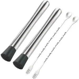 4Pcs 10'' Muddler and Spoon Set for Cocktails 304 Stainless Steel Fruit Smasher Home Bar Bartender Accessories Stirrers Mixing Tools for Mojitos Drinks Lemonade Stand Supplies