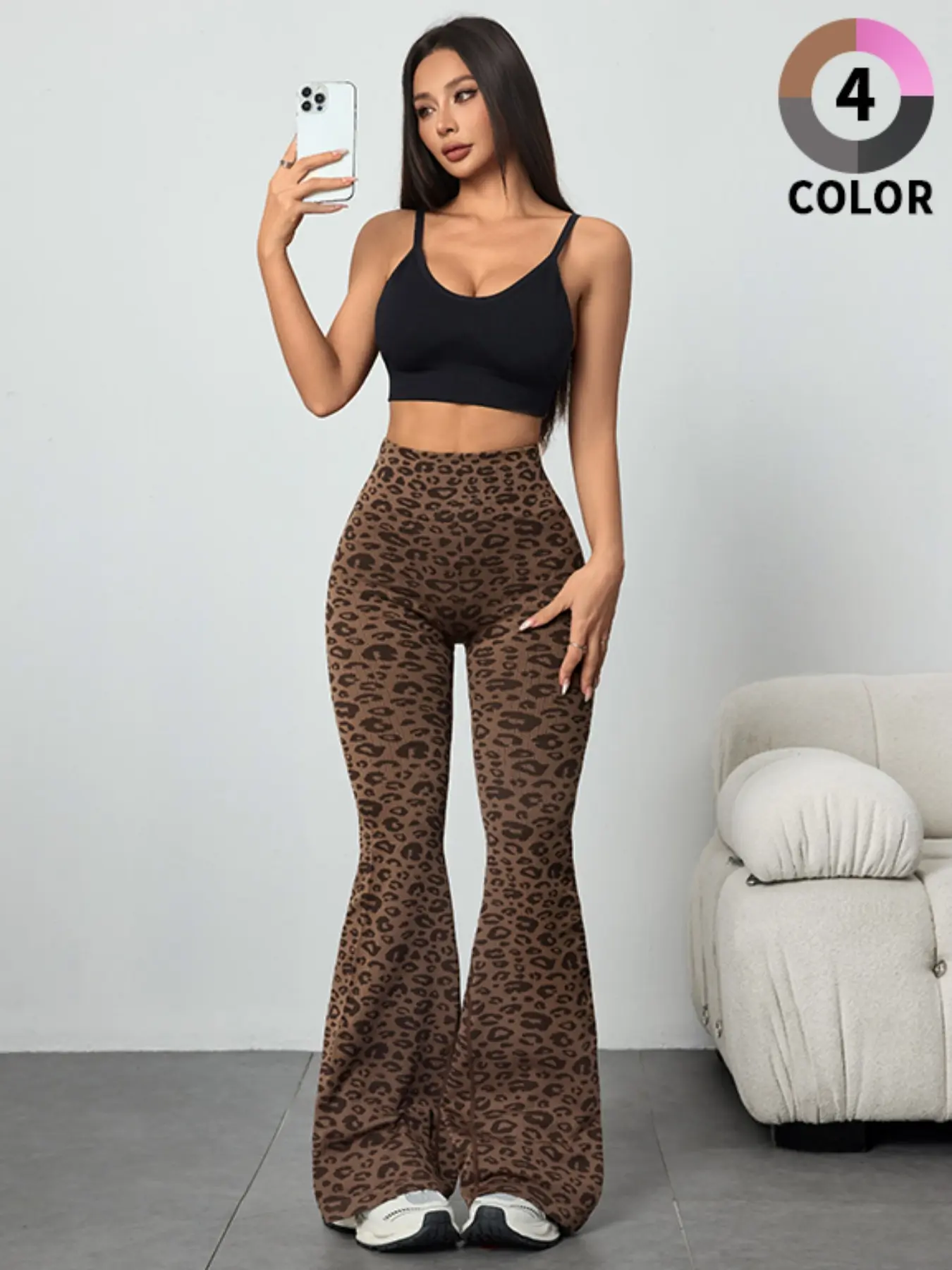 High-Waisted Waist Cinching Women's Yoga Pants, Leopard Print Stretch Wide-Leg Sports Pants, Micro Flare Fitness Yoga Pants, Summer Sport Bell Bottoms, Flared Yoga Pants