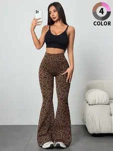 High-Waisted Waist Cinching Women's Yoga Pants, Leopard Print Stretch Wide-Leg Sports Pants, Micro Flare Fitness Yoga Pants, Summer Sport Bell Bottoms