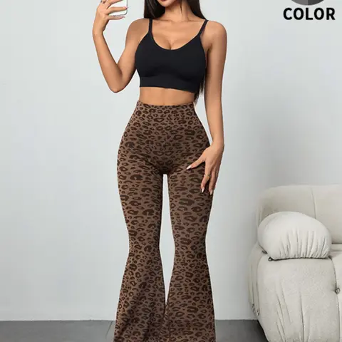 High-Waisted Waist Cinching Women's Yoga Pants, Leopard Print Stretch Wide-Leg Sports Pants, Micro Flare Fitness Yoga Pants, Summer Sport Bell Bottoms, Flared Yoga Pants