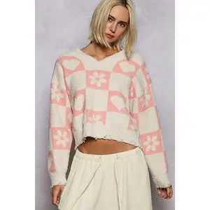 Women's Pink Checkered Sweater-Cropped Heart & Flower Knit Top.
