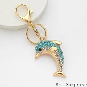 Sparkling Blue Crystal Dolphin Keychain - Cute Gold-Tone Bag Charm for Ocean Lovers