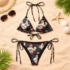 Women Funny Patriotic Rooster American Flag Fireworks Print Bikini Set Halter Triangle Top Tie Side Bottom 4th of July Beach Pool Party Summer Swimsuit 2 Piece