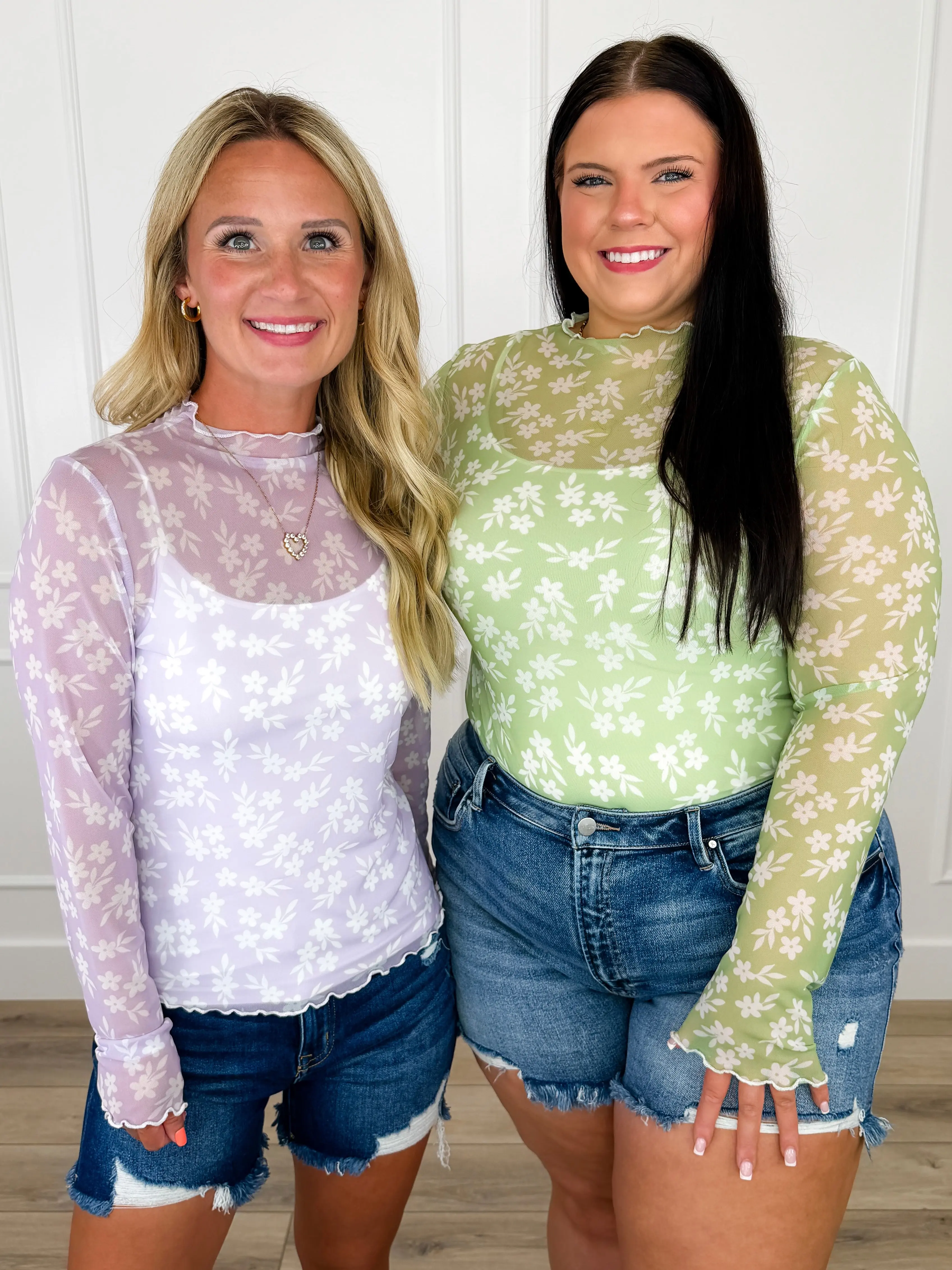 Women's Polyester-Spandex Sheer Mesh Blouse - Daisy Print, Stretchy Long Sleeve Mock Neck, Fitted Fabric Blouse for Layering Shirts, Top, Feminine, Floral, Lightweight, Bodysuit, Sheer Blouse