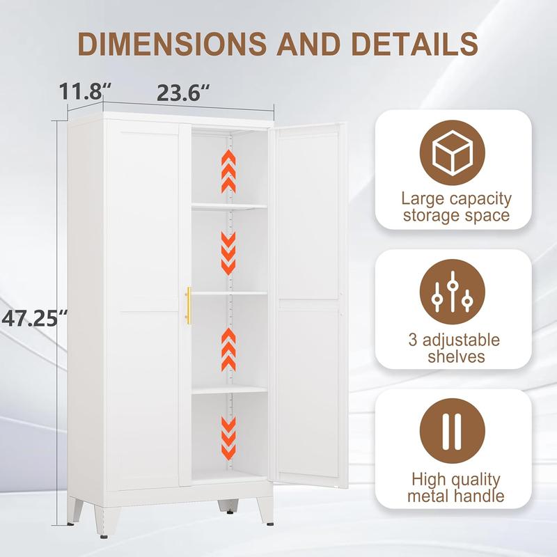 Geitin 47.25" Kitchen Metal Pantry Cabinet with 2 Doors, Adjustable Shelves, Gold Handles, Versatile Storage for Laundry Room,Living Room,Bathroom,Dinning Room