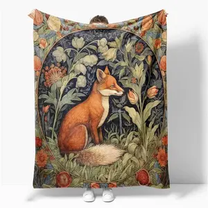 Fox Throw Blanket for Couch William Morris Flannel Bed Blanket Gothic Animal Soft Blankets Moody Botanical Floral Lightweight Fluffy Blankets Vintage Dark Academia Bedding Decor