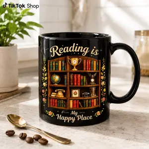 Reading Is My Happy Place Mug, Book Lover Coffee Mug, Library Bookshelf Mug, Reader Gift for Bibliophile, Literary Tea Cup Decor