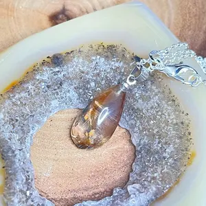 Golden rutilated gold rutile quartz teardrop pendant necklace silver-plated